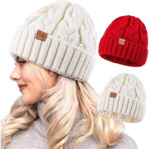 Women's White Red 2 Packs Stylish Winter Warm Knitted Beanie Skull Hat Cap